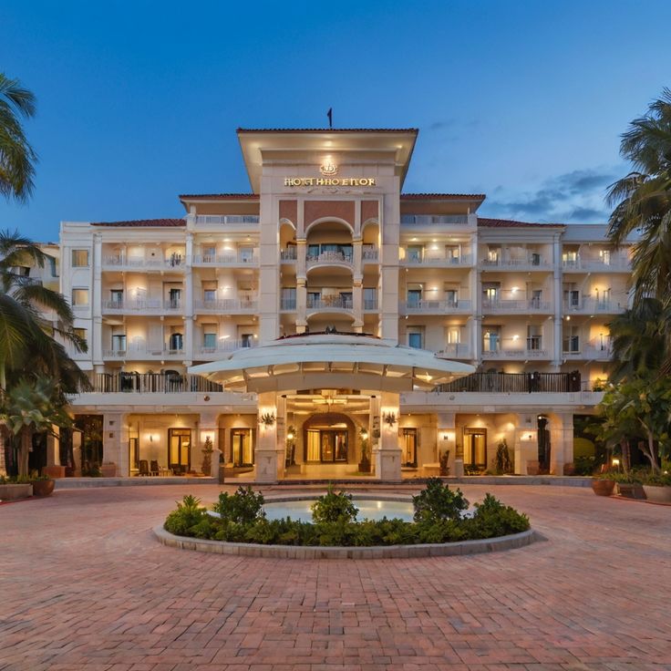 Home grand hotel entrance with dramatic fountain